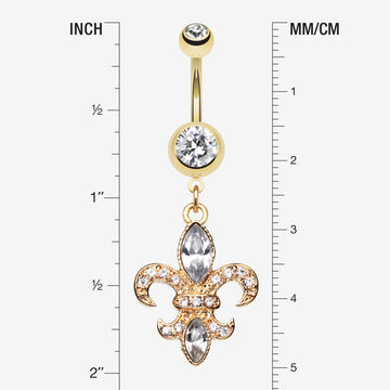 Detail View 1 of Golden Fleur de Lis Belly Ring-Clear Gem